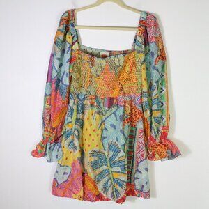 Farm Rio Summer Tapestry Smocked Mini Dress M Square Neck Long Sleeve Tropical